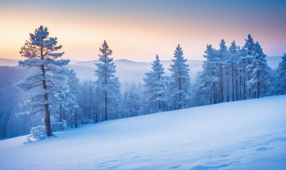 A snowy forest scene with tall, frost-covered pine trees silhouetted against a light blue sky. There are a few footprints in the snow in the foreground