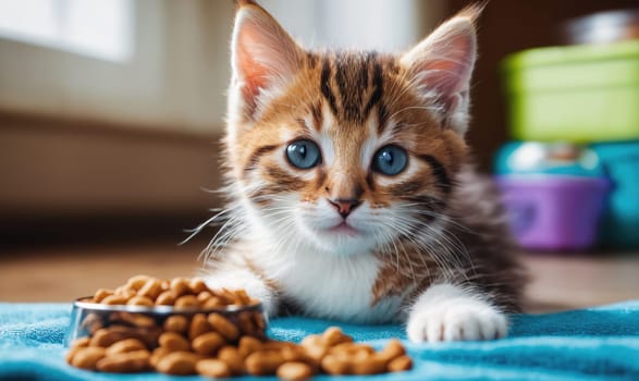 A small, brown and white kitten with blue eyes sits on a blue blanket and looks at a bowl of dry cat food that is partially full. A few pieces of cat food are scattered on the blanket.