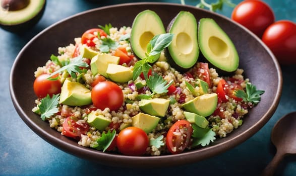 A bowl of quinoa salad with avocado, tomato, and cilantro. The salad is in a brown bowl and is sitting on a blue surface.
