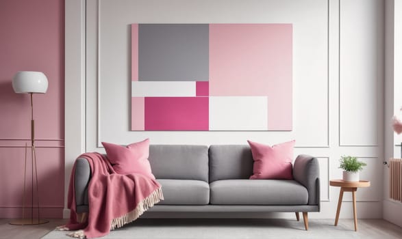 A living room with a gray sofa, two pink throw pillows, and a pink throw blanket