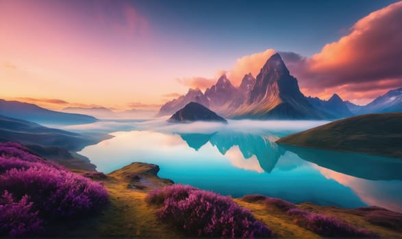 A still lake reflects the morning sky, which is a mix of vibrant pink, orange, and blue. Lush green hills lead down to the lake's edge, and the mountains rise up behind them