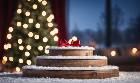 Three wooden tiers covered in a dusting of snow are arranged in a pyramid shape, the top tier features a red bow. A Christmas tree with white lights is blurred in the background.