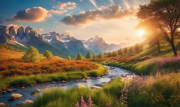 A winding river flows through a valley with lush green grass and wildflowers. Tall, snow-capped mountains rise in the distance, with a vibrant sunset casting a warm glow over the landscape.