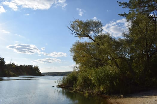 View of a beautiful forest lake designed for fishing, in the midst of lush greenery, in the territory of a natural national park. Coniferous and deciduous forests are located around lake.