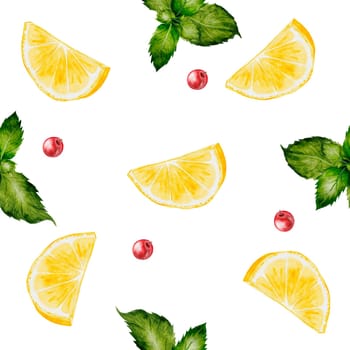 Lemon and mint watercolor pattern. Hand drawn tropical sour fruit and fresh leaves. Clip art of juicy yellow lime. Half of citrus on isolated white background. Ideal for tableware, kitchen textiles and cosmetic packaging