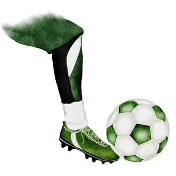 Football watercolor. Hand drawn composition of football player's leg with a soccer ball. Clip art of sports illustration on isolated white background. Ideal for advertising flyers, posters and match tickets. High quality illustration