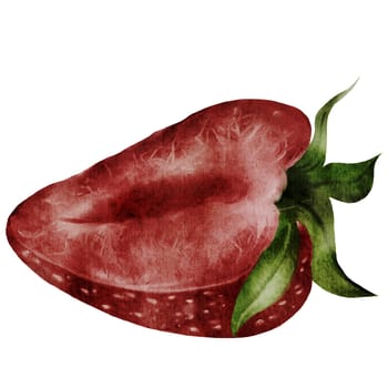 Strawberry watercolor painting.. Hand drawn juicy berry realism on isolated white background. Half cut ripe clip art. Ideal for fresh food packaging and natural cosmetics stores. High quality illustration