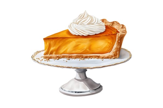 A slice of pumpkin pie with whipped cream on top watercolor cut out illustration