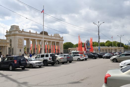 Moscow, Russia - May 9. 2024. main entrance arch to Gorky Park, decorated for Victory Day