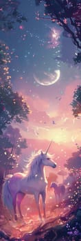 A unicorn is standing in a forest with a moon in the sky. The sky is filled with stars and the moon is shining brightly