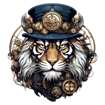 Majestic tiger in a steampunk theme with mechanical gears and wheels. Graphic design element for sticker, poster, t-shirt print, etc.