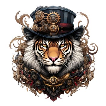 Majestic tiger in a steampunk theme with mechanical gears and wheels. Graphic design element for sticker, poster, t-shirt print, etc.