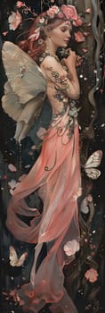 A fairy with a butterfly on her shoulder is sleeping