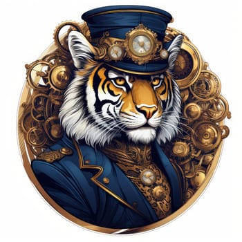 Majestic tiger in a steampunk theme with mechanical gears and wheels. Graphic design element for sticker, poster, t-shirt print, etc.