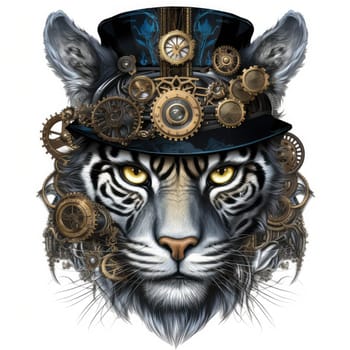 Majestic tiger in a steampunk theme with mechanical gears and wheels. Graphic design element for sticker, poster, t-shirt print, etc.