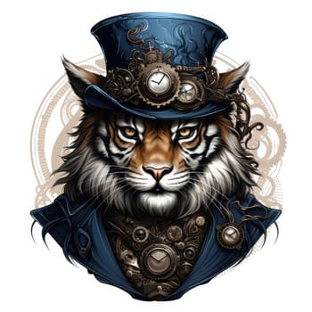 Majestic tiger in a steampunk theme with mechanical gears and wheels. Graphic design element for sticker, poster, t-shirt print, etc.