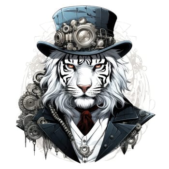 Majestic tiger in a steampunk theme with mechanical gears and wheels. Graphic design element for sticker, poster, t-shirt print, etc.