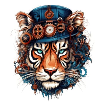 Majestic tiger in a steampunk theme with mechanical gears and wheels. Graphic design element for sticker, poster, t-shirt print, etc.