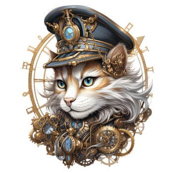 Majestic tiger in a steampunk theme with mechanical gears and wheels. Graphic design element for sticker, poster, t-shirt print, etc.