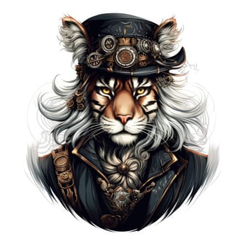 Majestic tiger in a steampunk theme with mechanical gears and wheels. Graphic design element for sticker, poster, t-shirt print, etc.