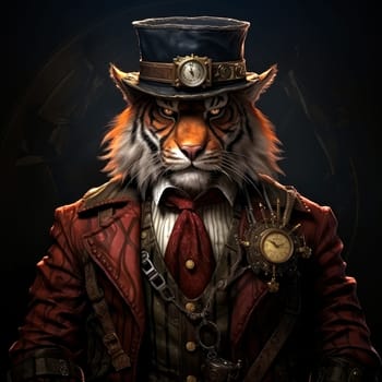 Majestic tiger in a steampunk theme with mechanical gears and wheels. Graphic design element for sticker, poster, t-shirt print, etc.