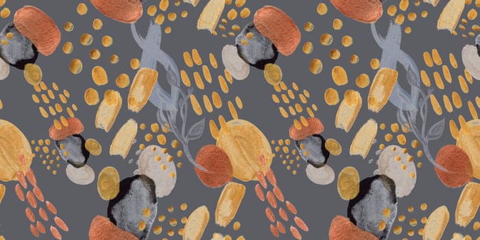 Seamless abstract pattern with gouache painted geometric shapes ovals and dots for textile design and autumn prints