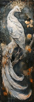 A white bird with gold feathers is perched on a branch. The bird is surrounded by a dark background, which creates a sense of depth and contrast. bookmark