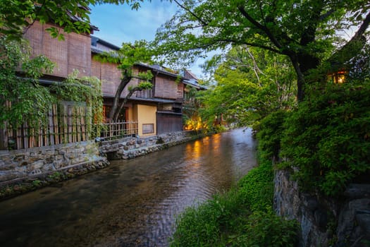 KYOTO, JAPAN - MAY 15, 2019: Beautiful traditional streetscape around Shirakawa Lane during the day in Higashiyama district in Kyoto, Japan