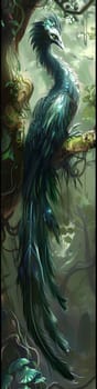 A large blue bird with a long tail is perched on a tree branch. The bird is surrounded by lush green foliage, giving the scene a serene and peaceful atmosphere