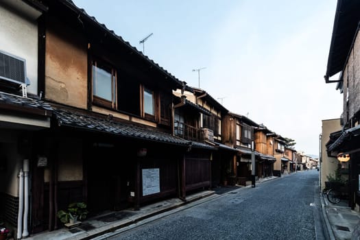 KYOTO, JAPAN - MAY 13, 2019: Beautiful traditional streetscape during the day in Kyoto, Japan