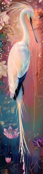 A white bird with a blue beak is standing in a pond with pink flowers. The bird has a long tail and is surrounded by water lilies