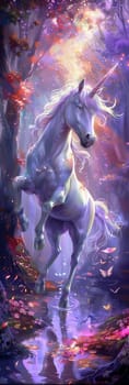 A unicorn is running through a forest with purple leaves and purple water. Scene is whimsical and magical