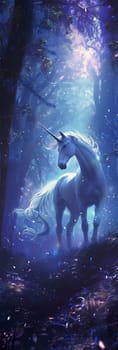 A unicorn is standing in a forest at night. The moon is shining brightly, and the stars are twinkling in the sky. The scene is peaceful and serene