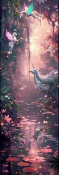 A fantasy scene with a unicorn and a few other creatures. Scene is whimsical and magical