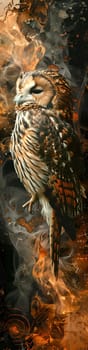 A large owl is standing in front of a fire. The owl is surrounded by smoke and flames, giving the image a dark and ominous mood
