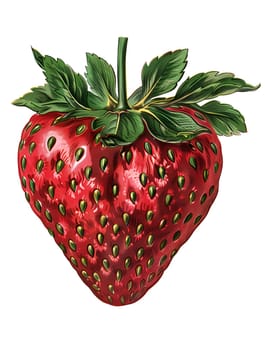 A red strawberry with green leaves and a green stem illustration in Vintage style