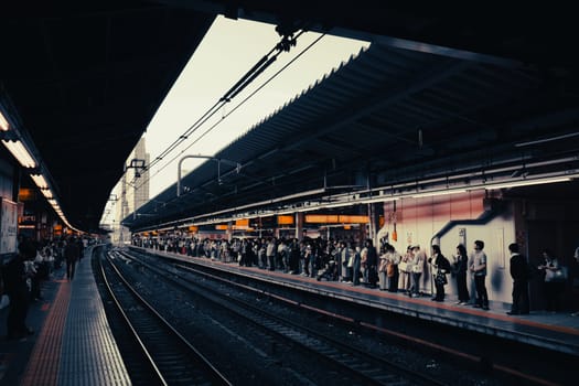 TOKYO, JAPAN - MAY 11, 2019: Shinjuku train station platform and railway in Tokyo Japan