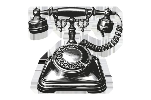 A vintage phone with a cord hanging down. The phone is black and white