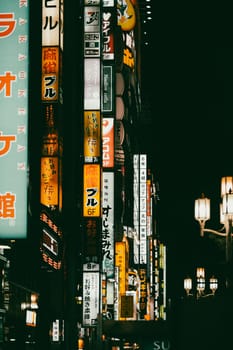 TOKYO, JAPAN - MAY 12, 2019: Neon signs illuminate Tokyo’s busy Shinjuku neighborhood at night
