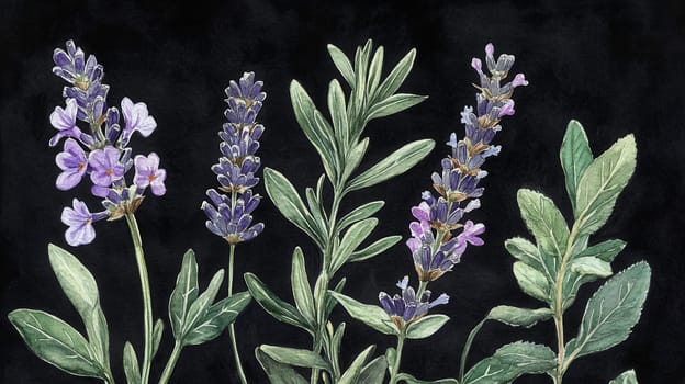 Detailed botanical watercolor illustration on dark
