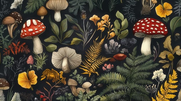 Detailed botanical illustration with mushrooms