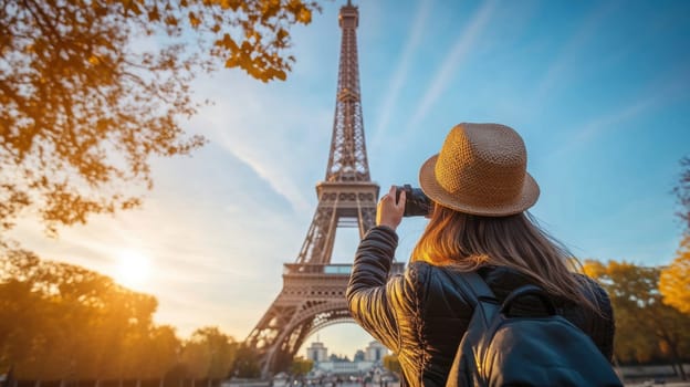 A girl takes a photo of the Eiffel Tower