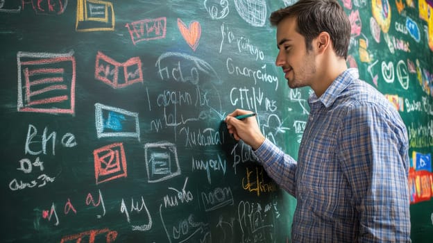 Teacher writing foreign words on a chalkboard background