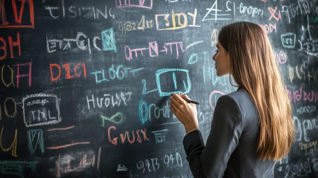 Teacher writing foreign words on a chalkboard background