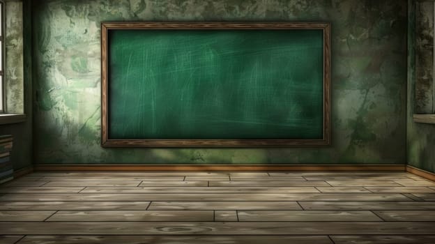 Green chalkboard in an empty classroom backdrop