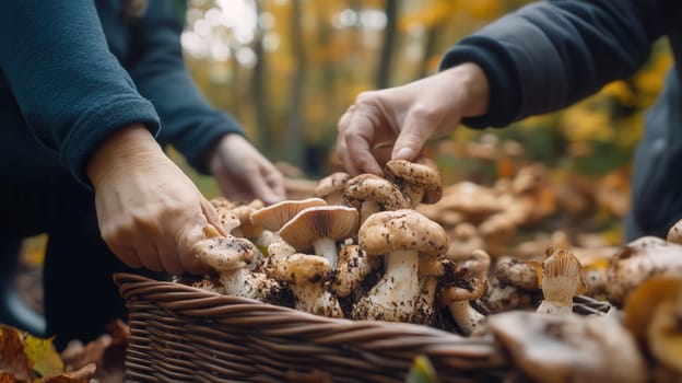 A person is carefully picking fresh mushrooms background
