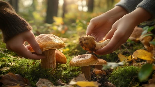 Wild mushroom foraging in the forest background