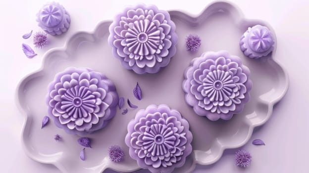 Delicious purple mooncakes beautifully arranged, complemented by exquisite purple flowers adorning the setting
