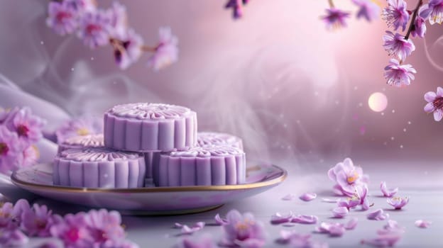 Delicious purple mooncakes beautifully arranged, complemented by exquisite purple flowers adorning the setting