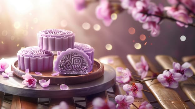 Delicious purple mooncakes beautifully arranged, complemented by exquisite purple flowers adorning the setting